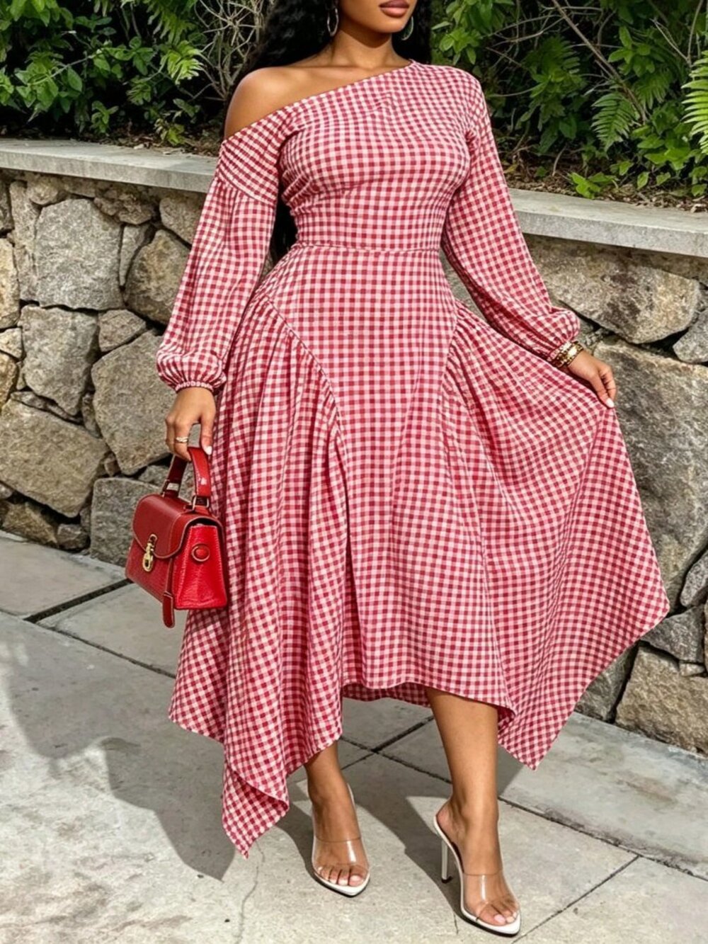 Multicolor Casual Women's Plus Size Plaid Asymmetrical Collar Dress - Picture 5 of 5